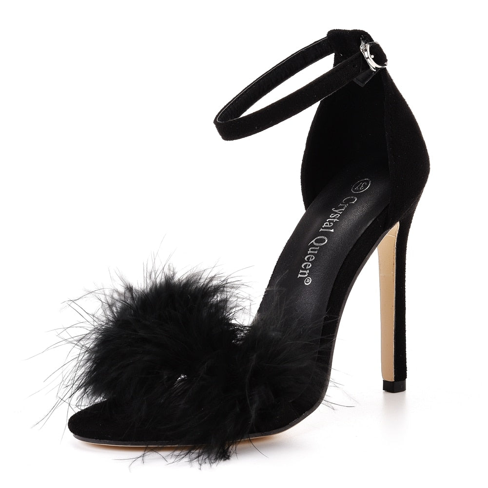 Crystal Queen Women Summer Sandals Fluffy Peep Toe Stilettos High Heels  Fur Feather Lady Wedding Shoes  Large Size 42 - Live Life with Liz
