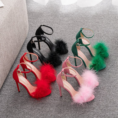 Crystal Queen Women Summer Sandals Fluffy Peep Toe Stilettos High Heels  Fur Feather Lady Wedding Shoes  Large Size 42 - Live Life with Liz